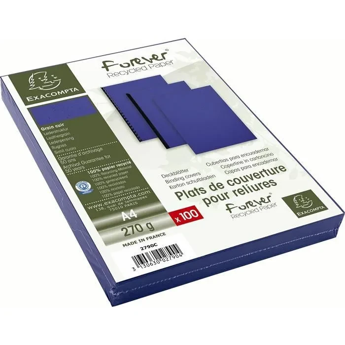  BOITE DE 100 COUVERTURES POUR RELIURE A4 EN CARTE GRAINÉE CUIR 240G (BLEU) — Synapses Maroc